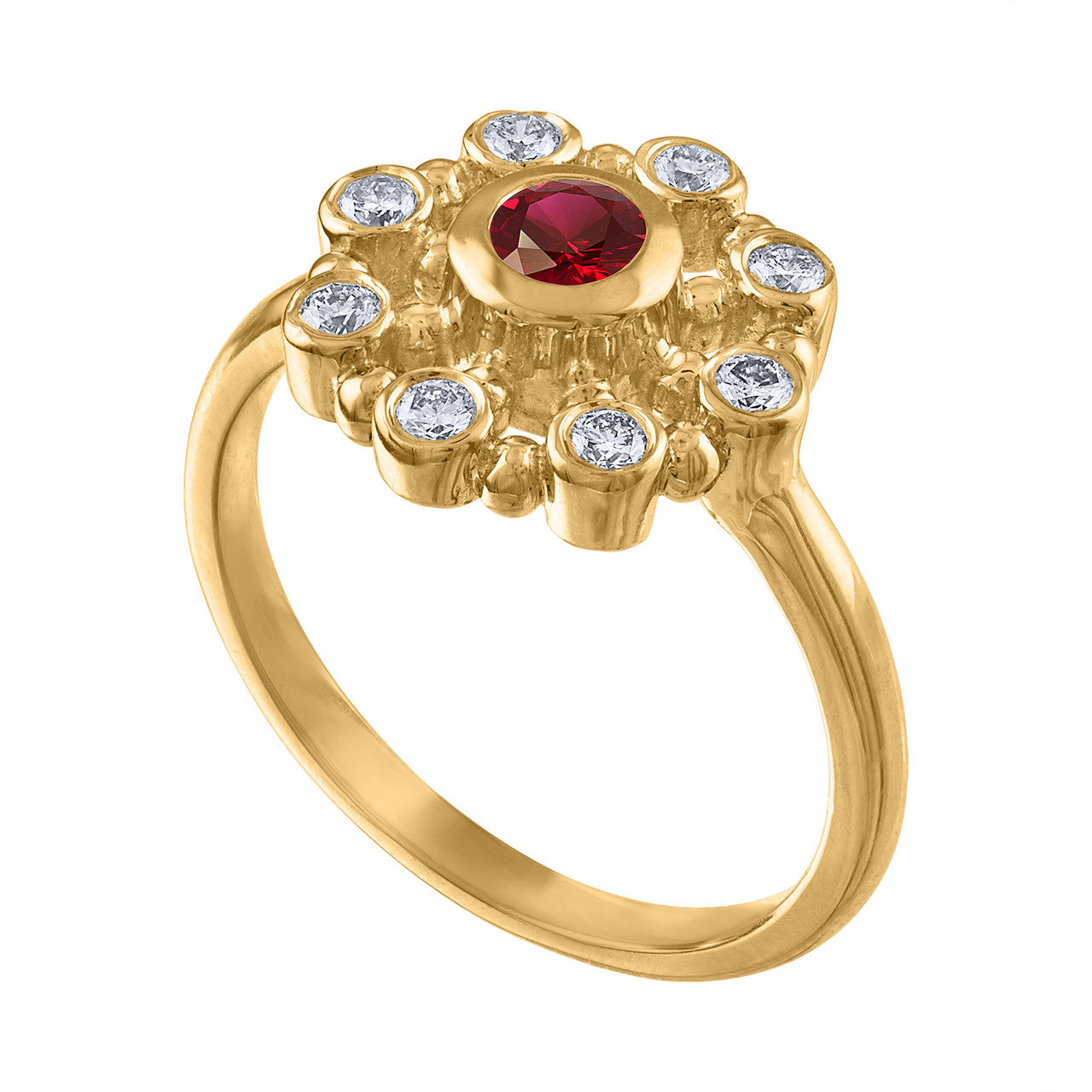 14K Yellow Gold Ruby & Diamond Cocktail Ring, Vintage Style Yellow Gold Diamond Anniversary Ring