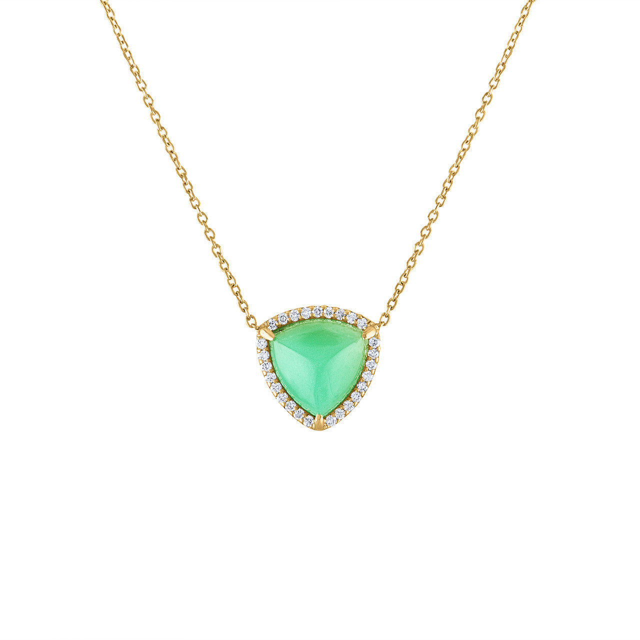 14K Yellow Gold Chrysoprase & Diamond Necklace, Statement Halo Diamond Pendant, Chrysoprase Necklace