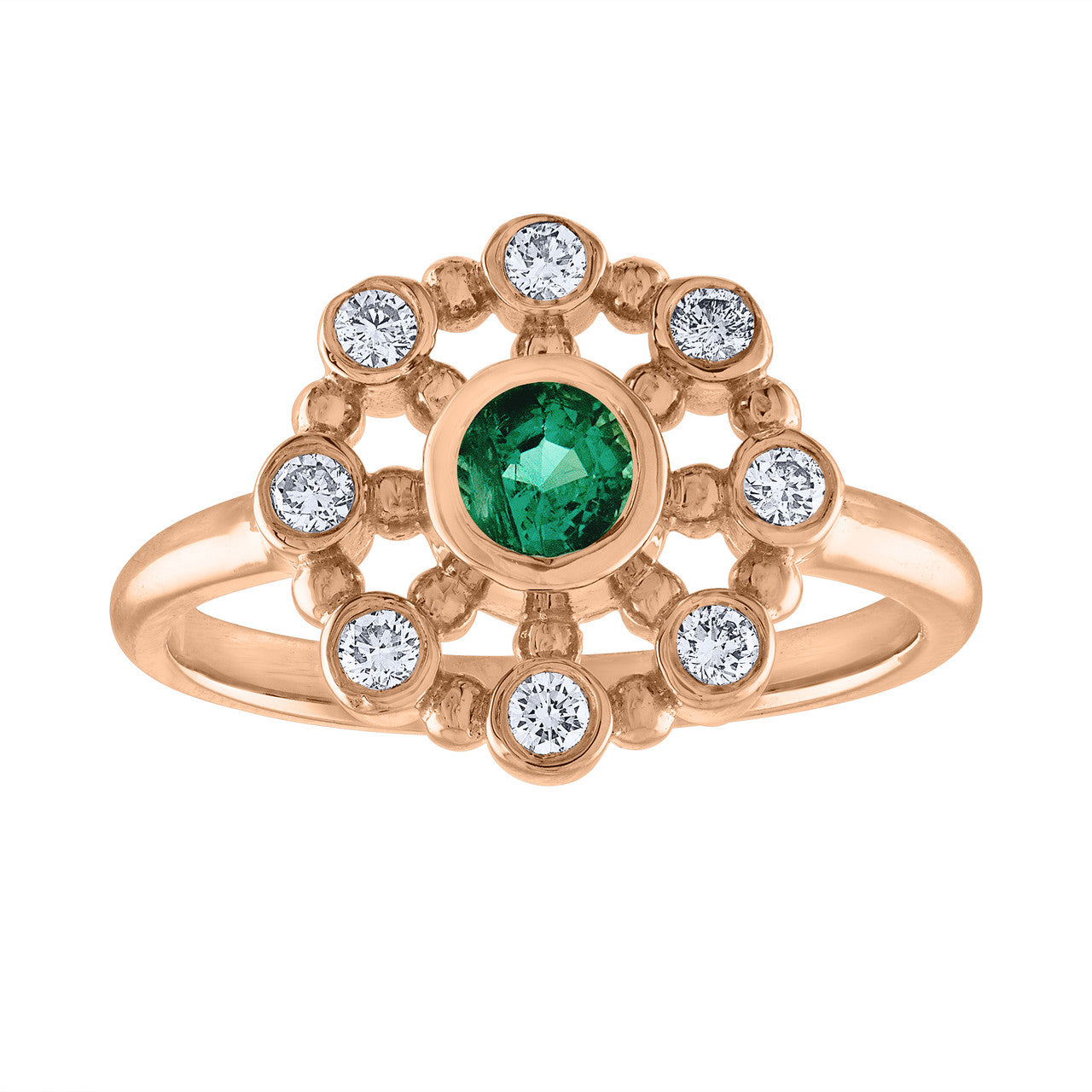 14K Rose Gold Emerald & Diamond Anniversary Ring, Vintage Style Rose Gold Emerald Cocktail Ring