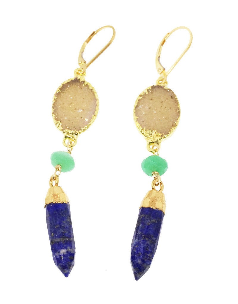 14k Yellow Gold Jasper Drusy Chrysoprase & Lapis Lazuli Spike Drop Earring , Lapiz lazuli Earring, Gemstone Hand Made Earring, Chrysoprase Earring