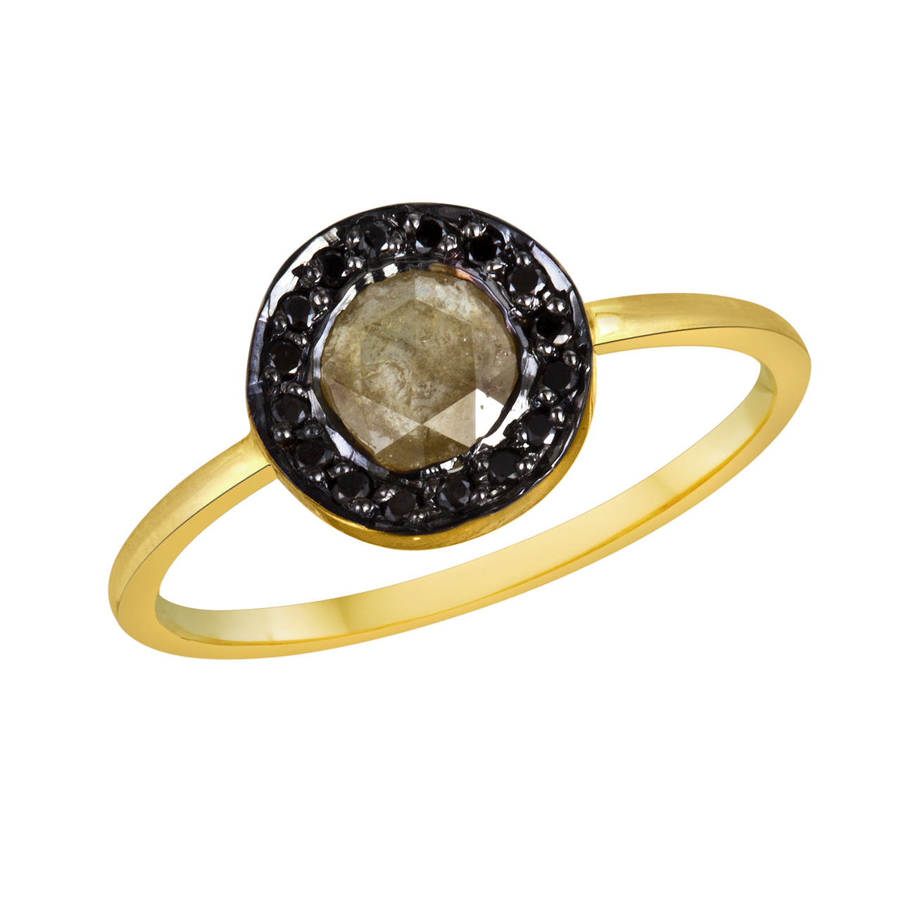 18 karat gold hand crafted one of a kind ring.
total weight .55Carat
top of the ring measures approximately 8mm.
the center stone is .45 Carat rose cut natural green diamond. 
It has total of 17 black diamonds set around the rose cut diamond. 
Comes with free sizing and shipping!