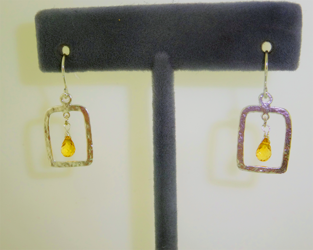 Sterling Silver Hammered Citrine Drop Earring, Contemporary Rectangle Drop Earring, Citrine Gemstone Dangle Earring Hand Made